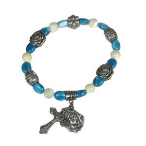 Glass beaded Stretch Bracelet Cross Charm Silvertone 8 in Shell Mother of Pearl